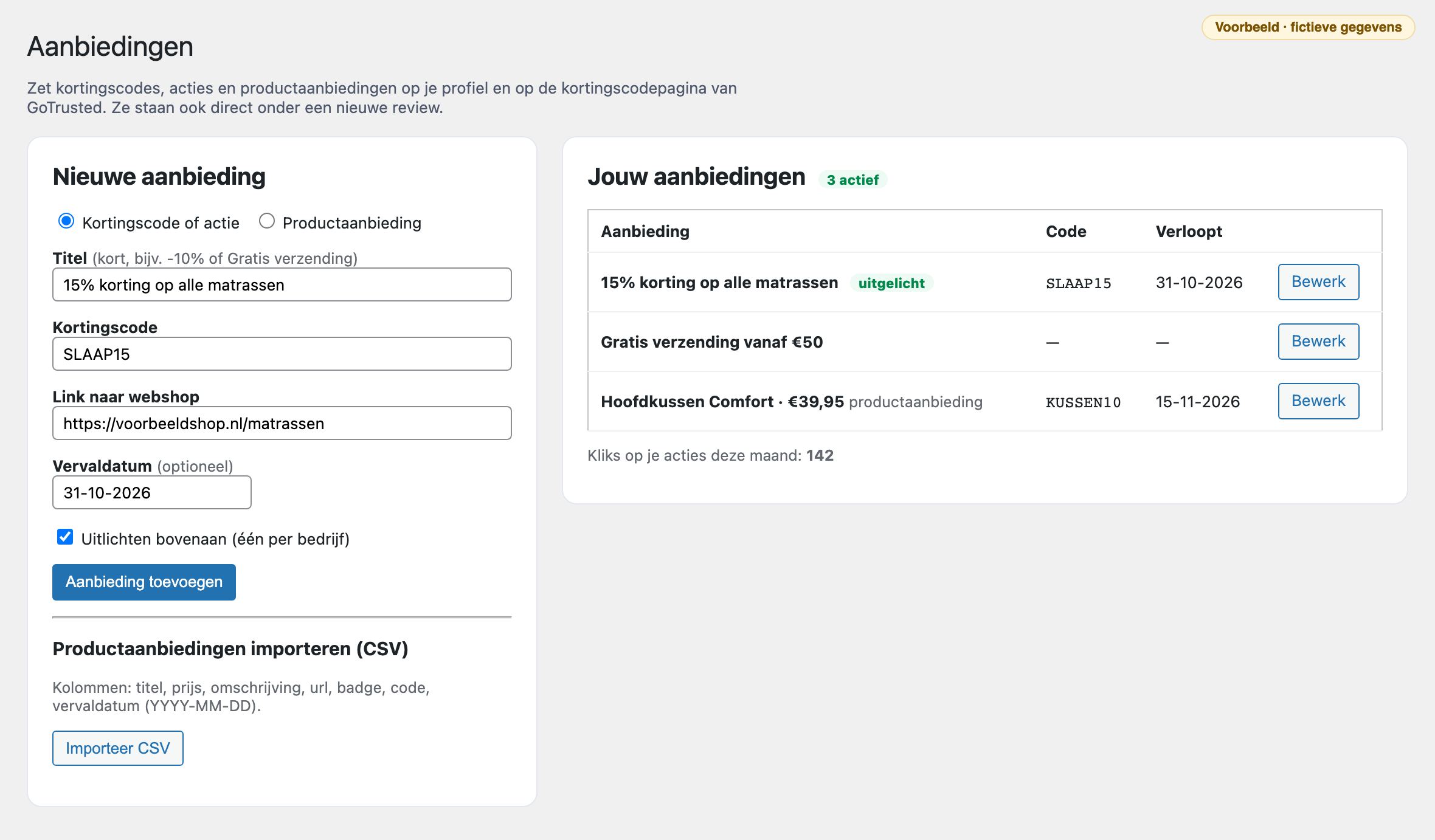 De pagina Aanbiedingen in het dashboard