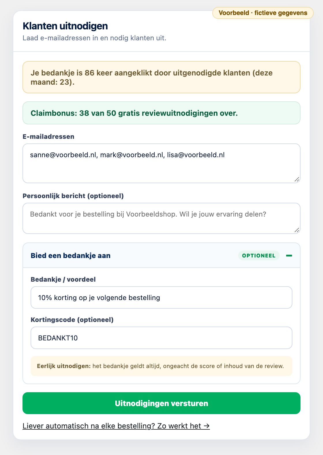 De kaart Klanten uitnodigen in het dashboard, met het bedankje
