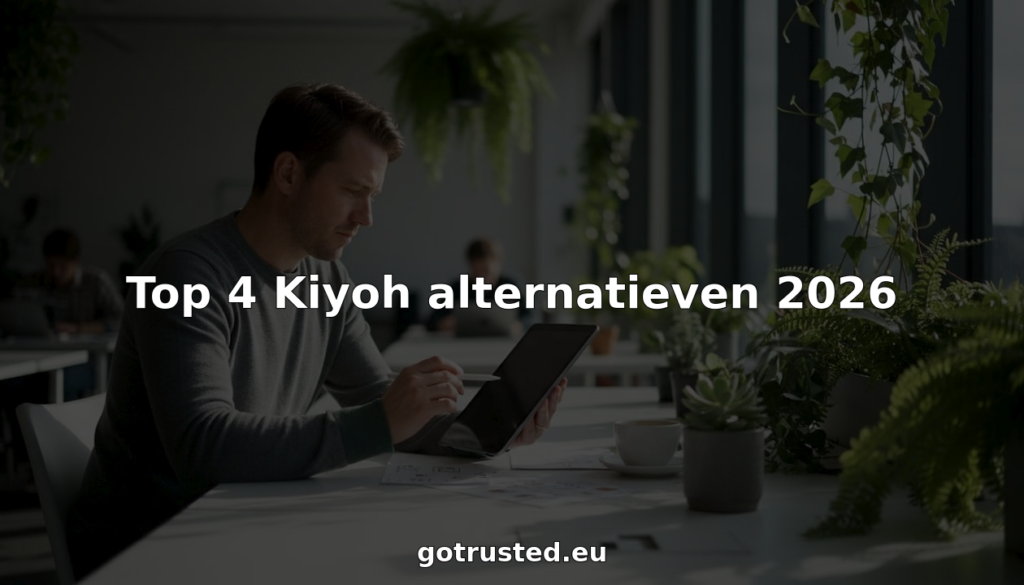 Iemand zit thuis aan de keukentafel en bekijkt verschillende online platforms om de reputatie van bedrijven te checken.
