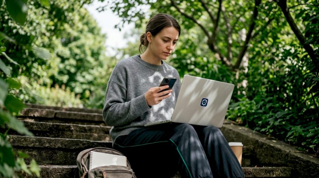 Terwijl ze in het park zit, bekijkt een vrouw de reviews op haar telefoon.