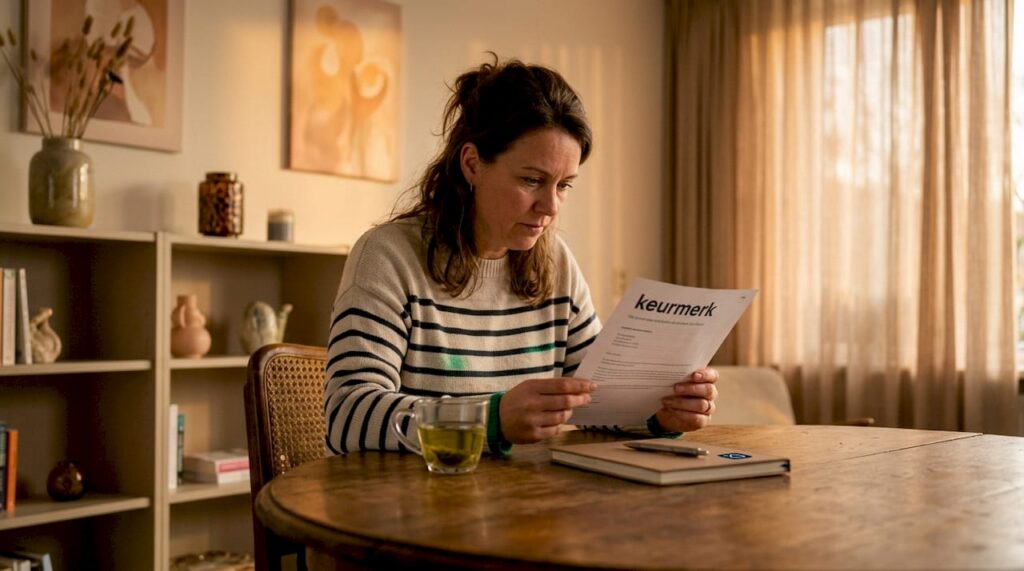 Thuis controleert een vrouw het keurmerk van een webshop op haar laptop.