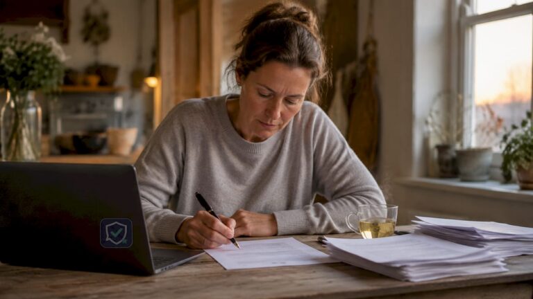 Aan de eettafel zit een vrouw geconcentreerd haar klacht op papier te zetten.