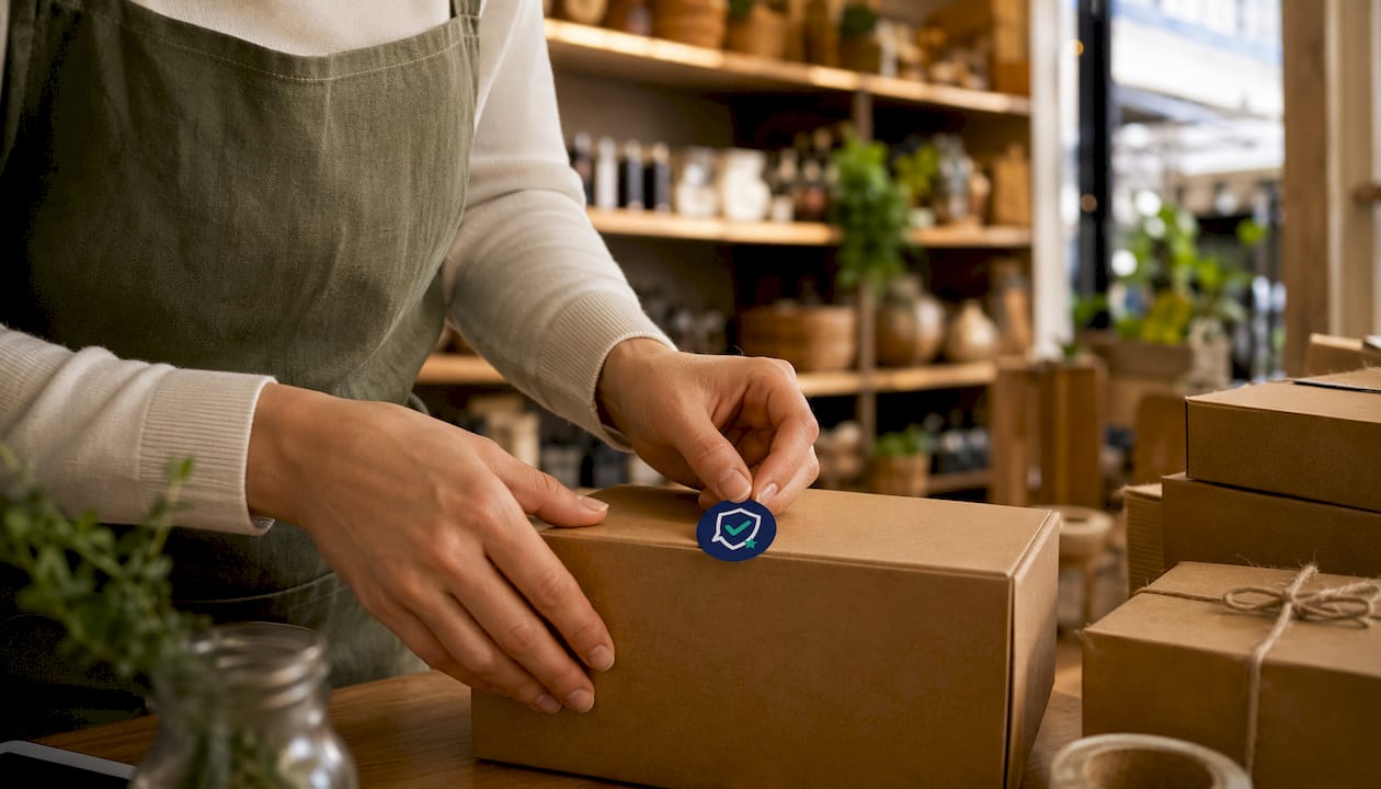Handen brengen een keurmerk aan op de verpakking van een product