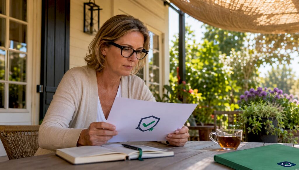 Thuis bekijkt een vrouw aandachtig een document met een keurmerk.