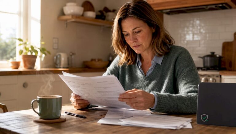 Een vrouw bekijkt thuis de informatie over haar recht op ontbinding.