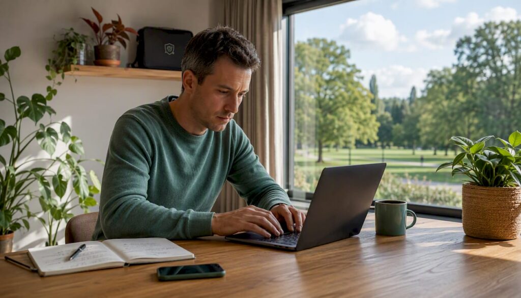 Een webshop eigenaar bekijkt klantbeoordelingen op zijn laptop.