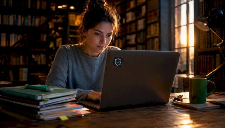 Een vrouw zit achter haar laptop en bekijkt recensies.