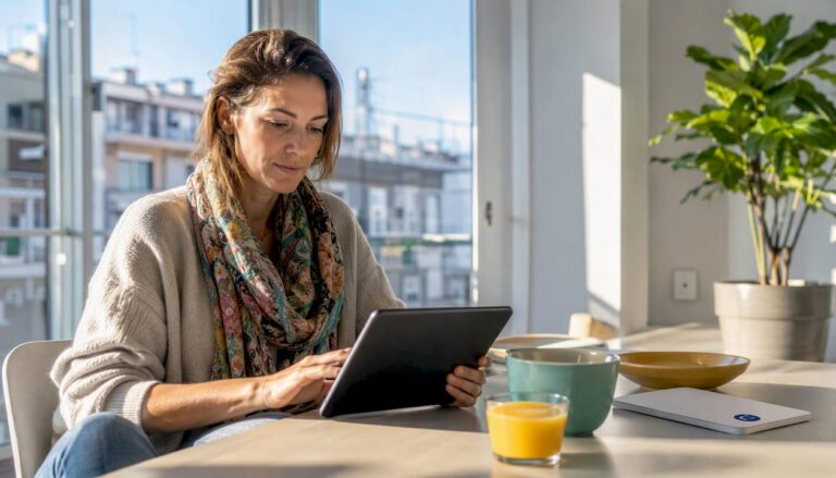 Vrouw bekijkt Trustpilot-beoordelingen op haar laptop