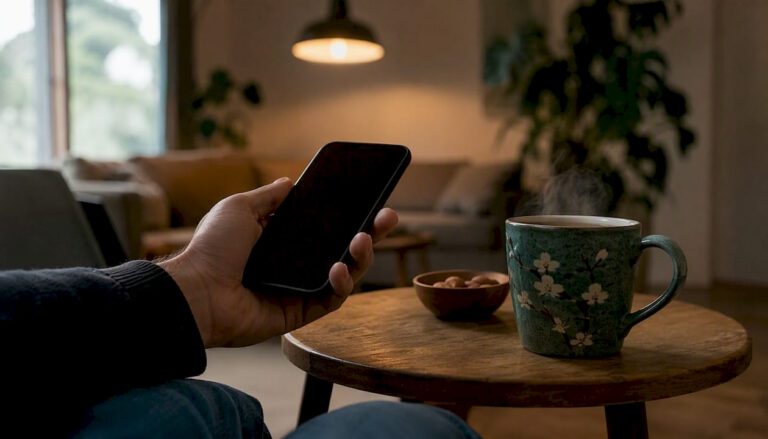 Een hand met een smartphone ligt op het bureau, naast een kop koffie en een laptop.