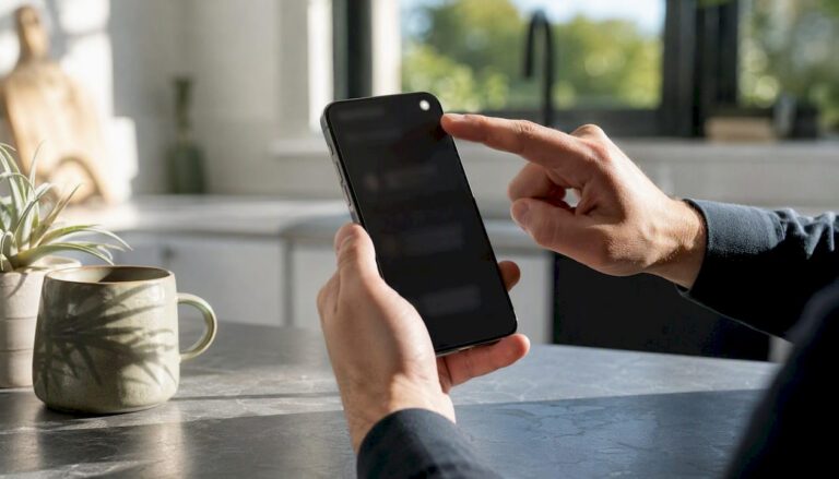Een hand houdt een smartphone vast waarop een verificatiebadge zichtbaar is.