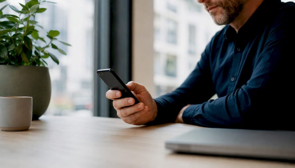 Ondernemer bekijkt klantbeoordeling op zijn smartphone