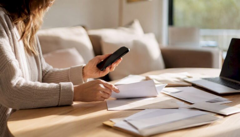Met de handen door stapels rekeningen gaan terwijl de telefoon even uitstaat.