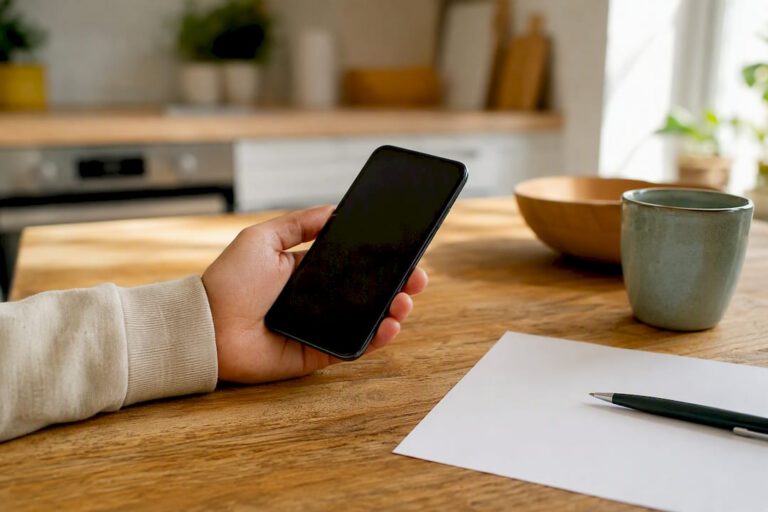 Een hand met een smartphone op een opgeruimd bureau