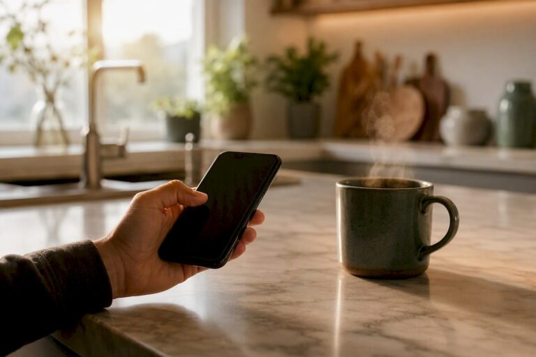 Hand die een smartphone vasthoudt en een bericht verstuurt