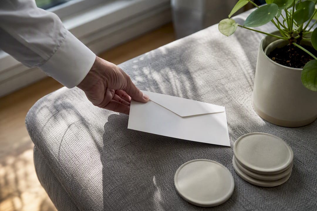 Hand die een verzegelde envelop op een bureau legt