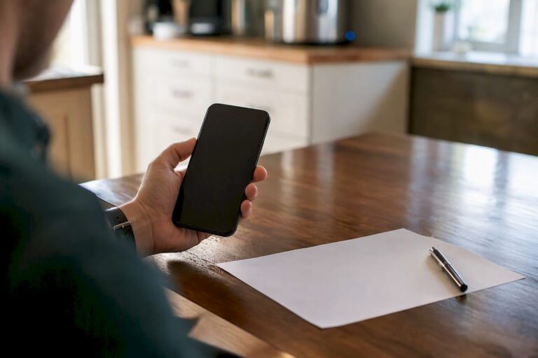 Hand houdt telefoon vast om bedrijfsnummer te verifiëren